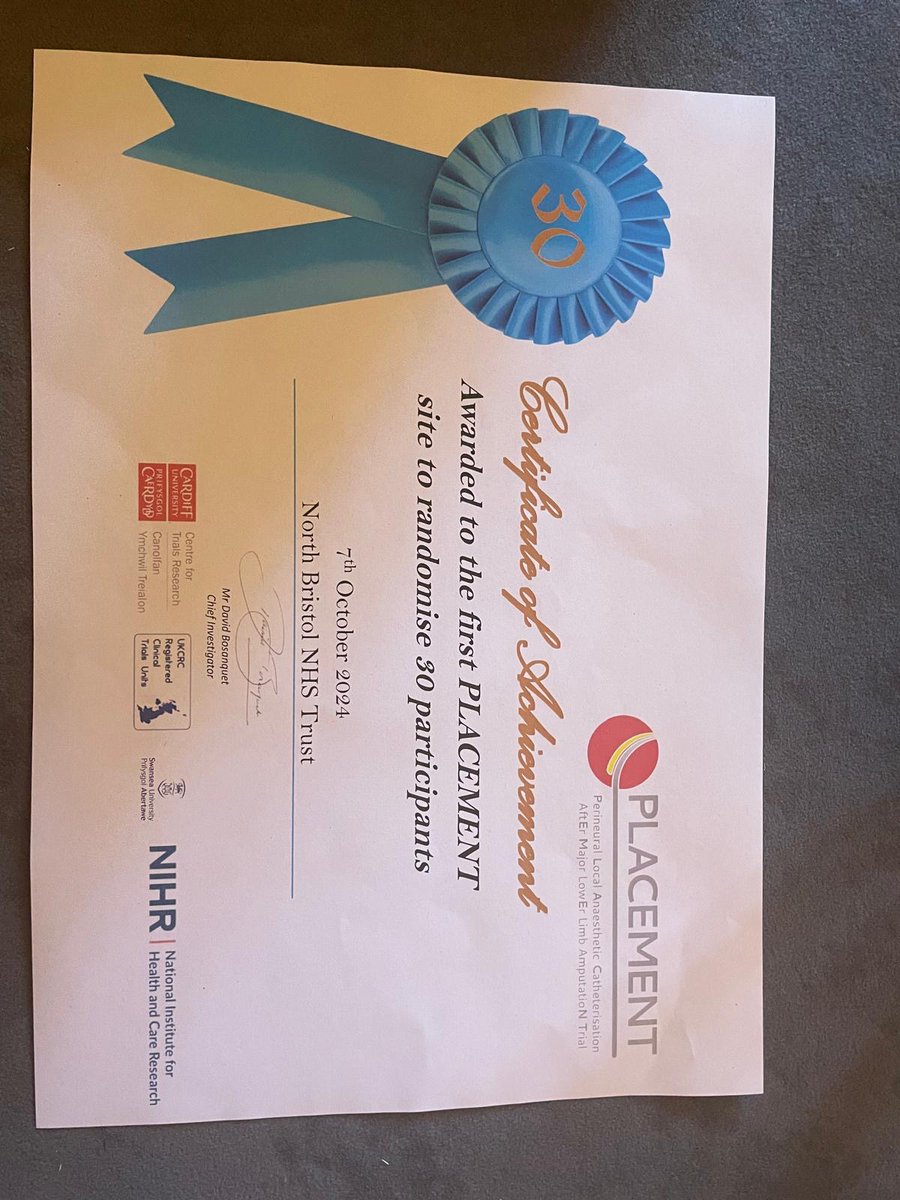 Congratulations to our vascular research team at NBT, top recruiters for the country and the first site to reach 30 recruits for the <a href="/PLACEMENT_trial/">PLACEMENT-Trial</a>. Well done team 🥳👏