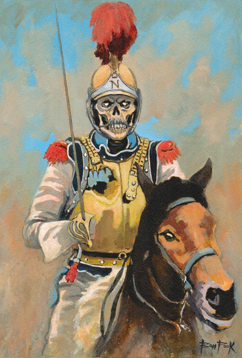 BPookArt's tweet photo. 'The Cavalry Corps[e]' - aka 'François-Antoine Fauveau Rides Again!'

Here's my painting for the Halloween season. The Eagle eyed people will have noticed that it's based around the cuirass from the Battle of Waterloo of an unfortunate French Cavalryman who met with a cannonball. https://t.co/E00cbqYeku