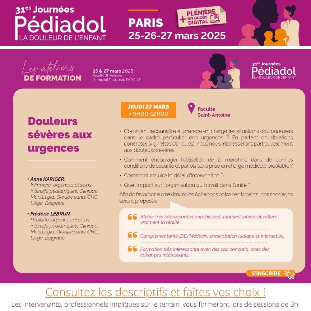 Formation ponctuée de cas concrets qui vous permettra de reconnaître et de prendre en charge les situations douloureuses aux urgences. S'inscrire🎟️𝒉𝒕𝒕𝒑𝒔://𝒑𝒆𝒅𝒊𝒂𝒅𝒐𝒍2025.𝒕𝒆𝒂𝒎𝒓𝒆𝒔𝒂.𝒏𝒆𝒕/
👀Ateliers  cutt.ly/BeQrNbBP 
🌐pediadol.org/les-journees-p…