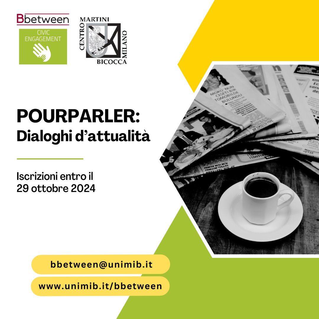 Bbetween Unimib (@bbetween_unimib) on Twitter photo Ritorna il consueto appuntamento con Pourparler: dal 17/10 al 28/11 sette appuntamenti online per parlare di personaggi, storie e temi d'#attualità.
Il percorso è proposto in collaborazione con <a href="/CentroMartiniB/">Centro Martini Bicocca</a>, è gratuito ed è aperto a tutti.
Per info: unimib.it/eventi/pourpar… Ritorna il consueto appuntamento con Pourparler: dal 17/10 al 28/11 sette appuntamenti online per parlare di personaggi, storie e temi d'#attualità.
Il percorso è proposto in collaborazione con <a href="/CentroMartiniB/">Centro Martini Bicocca</a>, è gratuito ed è aperto a tutti.
Per info: unimib.it/eventi/pourpar…