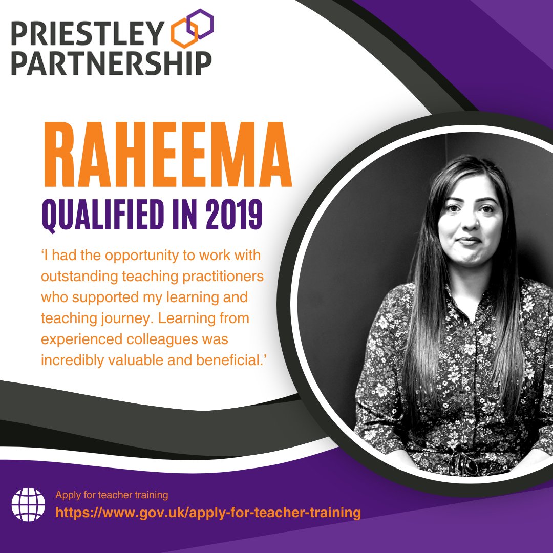 Be like Raheema and take the chance to shape our children's futures!
#teachingopportunities <a href="/PAT_Partnership/">Priestley_Partnership</a> #futures
#SCITT #primary <a href="/PriestleyTrust/">The Priestley Academy Trust</a>