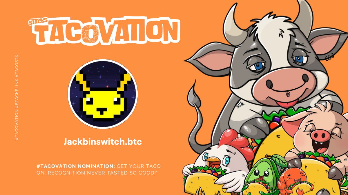 ReeceSwanepoel's tweet image. Giving a taco to @jackbinswitch today! 
A huge pillar in the community and chief broo 👏 every time I talk to him, I realize how early we are in Stacks and how much we&apos;re about to grow 🔥

#Stackslink #Tacovation

Go nominate!
docs.google.com/forms/d/e/1FAI…