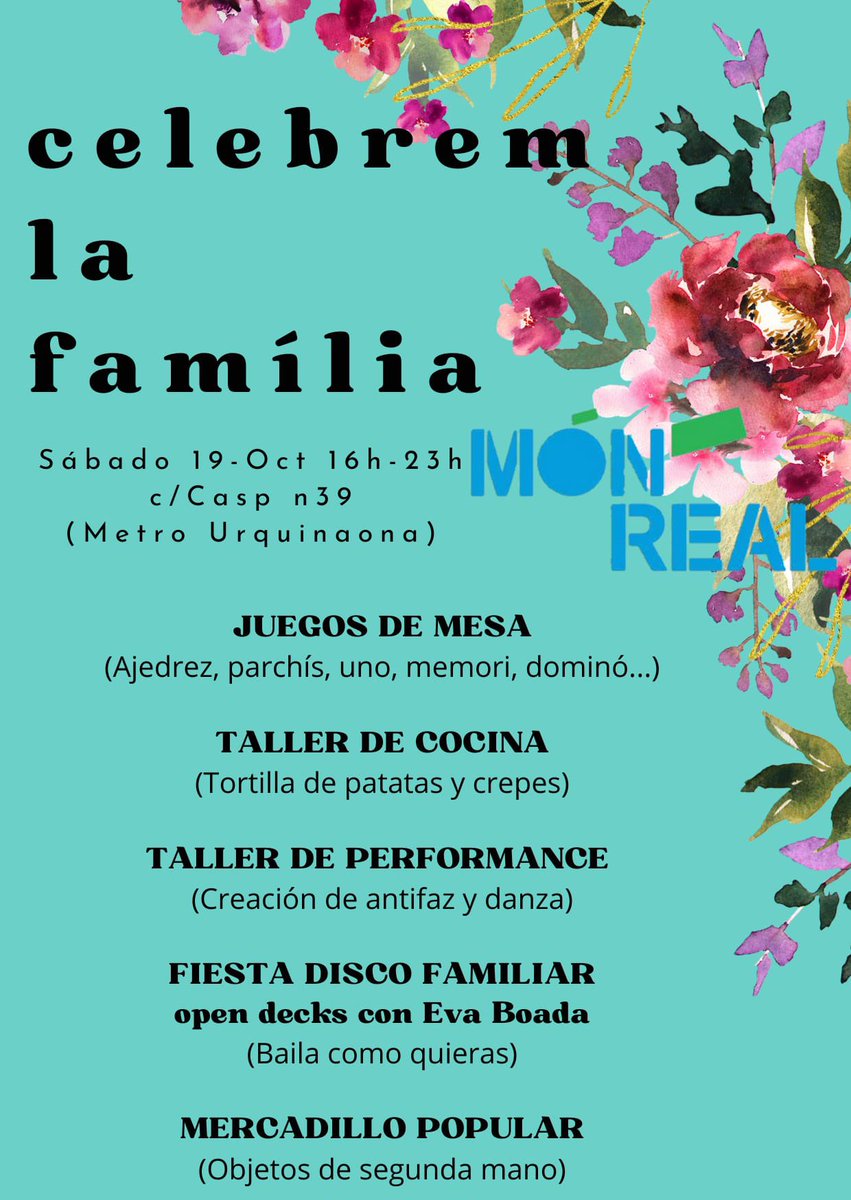 Nos encontramos, nos disfrutamos y nos educamos con ejemplo.
Sábado 19 de octubre en Món Real, de 16h a 23h, 
carrer Casp, 39. Barcelona  <M> Urquinaona
Familia = Comunidad