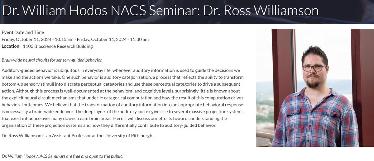 🧠At NACS Seminar tomorrow, Dr. Ross Williamson (@rs_williamson ) will tell us about "Brain-wide neural circuits for sensory-guided behavior." The talk is at 10:15am in 1103 BRB. See below for more info!🧠