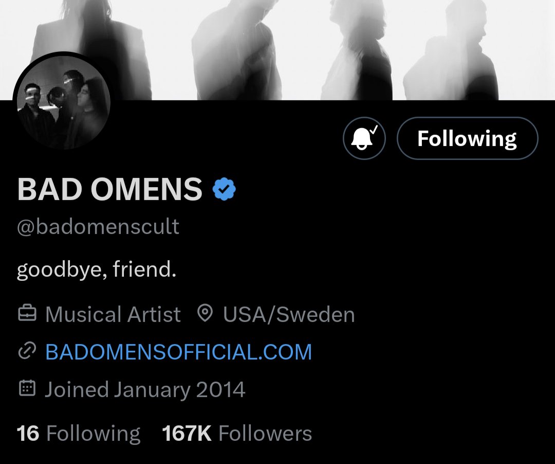 Bad Omens have updated their social media accounts officially removing CONCRETE and replacing it with Goodbye, Friend.