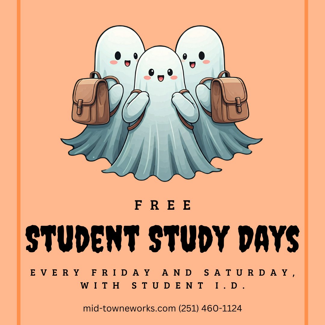 midtowneworks's tweet image. 🍂📚 Don&apos;t let the spooky season scare away your productivity! Remember, Friday and Saturday are free student study days at MTW. Show your student ID and enjoy our comfortable, inspiring space at no cost.

#FreeStudentStudyDays #HalloweenVibes #FallStudy #Productivity
