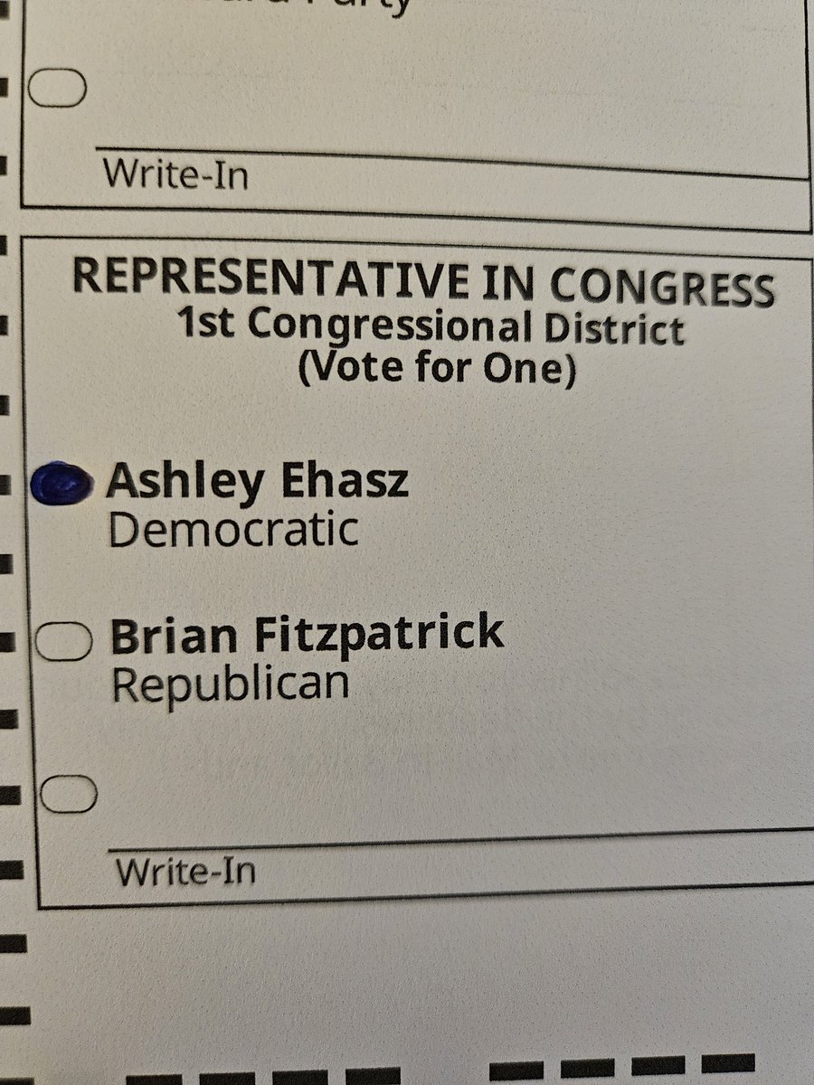 BucksCoKierstyn's tweet photo. I have rarely felt so happy filling in a ballot choice. But there is only one person here fit to serve the people of #PA01.

Let's ##FlipTheFirst and elect @ashley_ehasz to Congress!

#2024Election #Pennsylvania 
#BucksCounty https://t.co/Yd4WF5X663