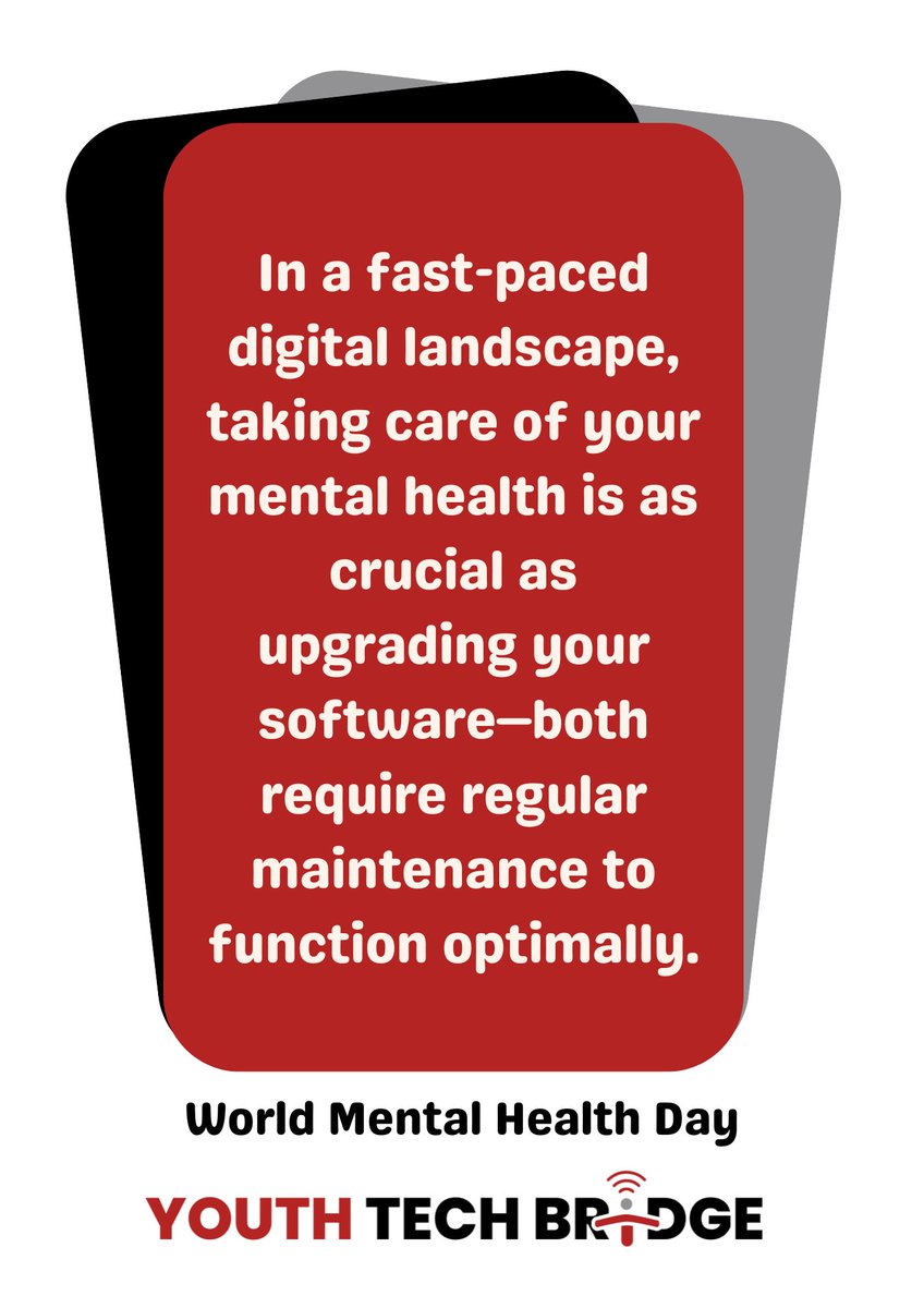 YouthTechBridge's tweet image. Tech can be demanding, but don’t forget your mental health! Your well-being is as important as any deadline or innovation. Take time to recharge and prioritize yourself. #MentalHealthMatters #TechAndWellness #ResilienceInTech #WorkLifeBalance