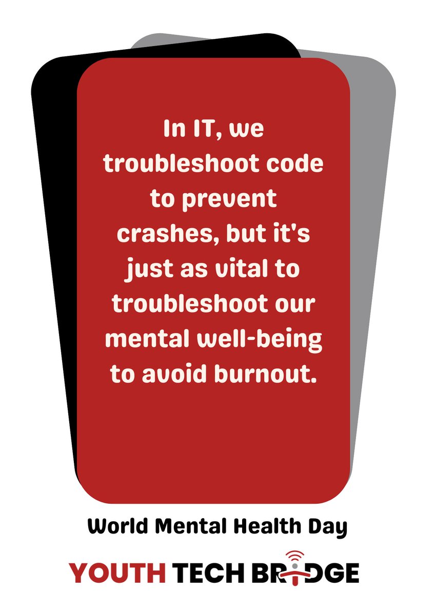 YouthTechBridge's tweet image. Tech can be demanding, but don’t forget your mental health! Your well-being is as important as any deadline or innovation. Take time to recharge and prioritize yourself. #MentalHealthMatters #TechAndWellness #ResilienceInTech #WorkLifeBalance