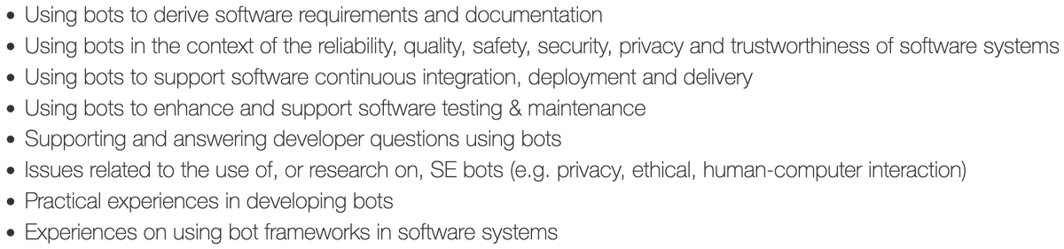 Hello BotSE authors, want to talk about your findings related to bots? You can submit a 4-page paper addressing issues along general themese, including but bot limited to following topics. #BotSE2025
More info: botse.github.io