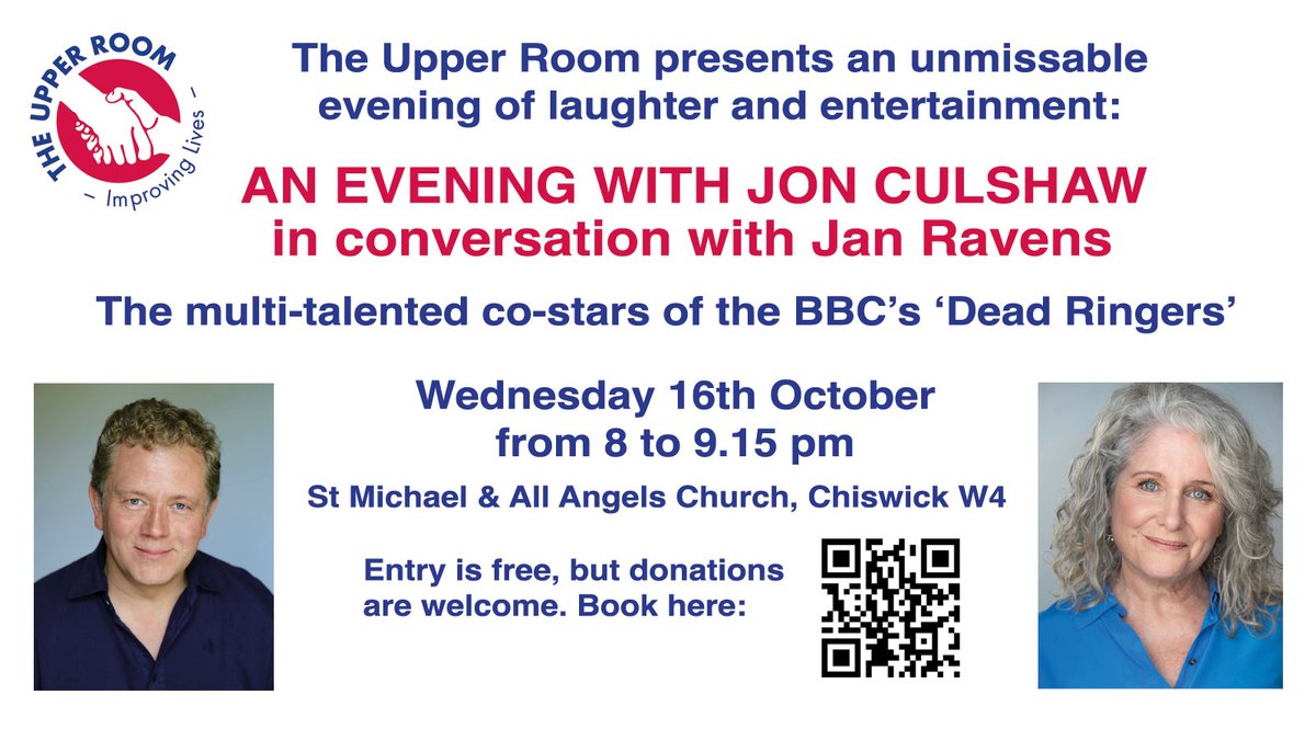 The Upper Room (@upperroomorg) on Twitter photo Join us at <a href="/StMichaelsW4/">St Michael & All Angels W4</a> on Weds 16th Oct when the brilliant @Jonculshaw will be interviewed by his co-star from ‘Dead Ringers’, <a href="/thatjanravens/">Jan Ravens</a>. Expect anecdotes, jokes and a breathtaking range of impressions! Entry free; donations welcome. Book here: tinyurl.com/jon-culshaw Join us at <a href="/StMichaelsW4/">St Michael & All Angels W4</a> on Weds 16th Oct when the brilliant @Jonculshaw will be interviewed by his co-star from ‘Dead Ringers’, <a href="/thatjanravens/">Jan Ravens</a>. Expect anecdotes, jokes and a breathtaking range of impressions! Entry free; donations welcome. Book here: tinyurl.com/jon-culshaw