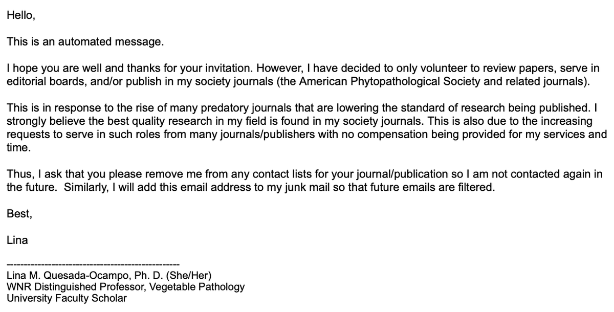 NC State Veggie Pathology (@quesadalabncsu) on Twitter photo Years ago I decided to only publish and serve on <a href="/plantdisease/">The American Phytopathological Society</a> journals. I have an automated response I use for requests from other journals. Recently, several colleagues have asked me for it, so decided to share here in case it is helpful 😁 #AcademicChatter Years ago I decided to only publish and serve on <a href="/plantdisease/">The American Phytopathological Society</a> journals. I have an automated response I use for requests from other journals. Recently, several colleagues have asked me for it, so decided to share here in case it is helpful 😁 #AcademicChatter