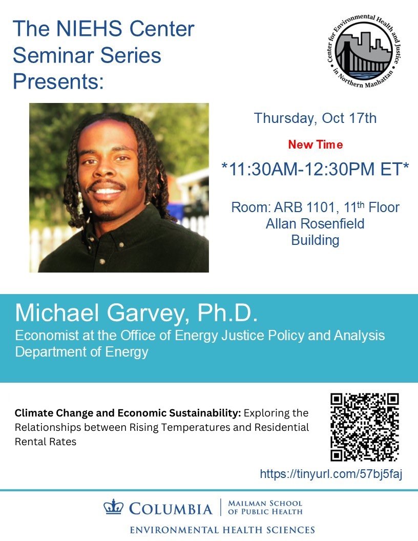 📢 Join us on 10/17 for the NIEHS P30
Center Fall Seminar on "Climate Change and Economic Sustainability: Expliring the Relationship between Rising Temperatures and Residential Rental Rates." We're thrilled to have <a href="/_HolyMacro/">Michael Garvey, PhD</a> as our highlighted speaker. mailchi.mp/43926fac841a/m…
