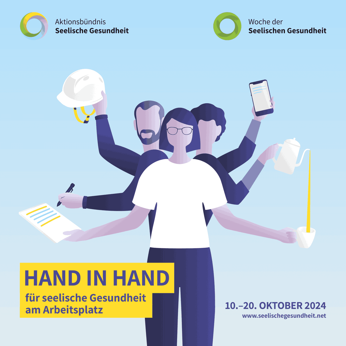 Heute startet die #wochederseelischengesundheit2024 unter dem Motto „Hand in Hand für seelische Gesundheit am #Arbeitsplatz“. Im Fokus stehen u.a. das Entgegenwirken von Stigmatisierung und der Austausch zu Bewältigungsstrategien: @ABSG_DE bit.ly/4eBRLUC #LZGBayern