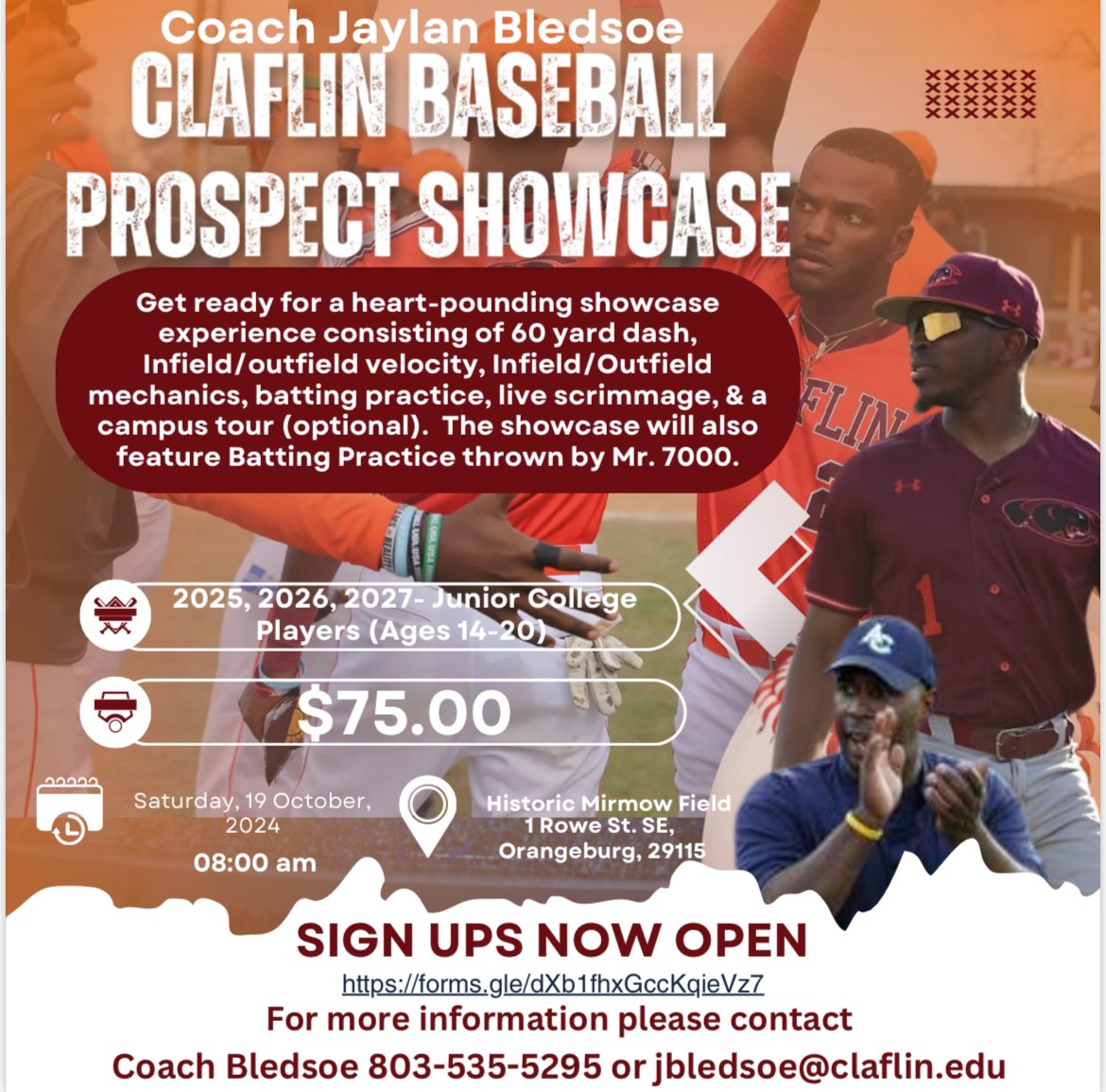 This camp is an opportunity to see guys who are under the radar! This will be a huge recruiting event for myself and our coaching staff here at Claflin University! 

Please get your guys here and allow them to showcase their talents with an opportunity to play division 2 baseball