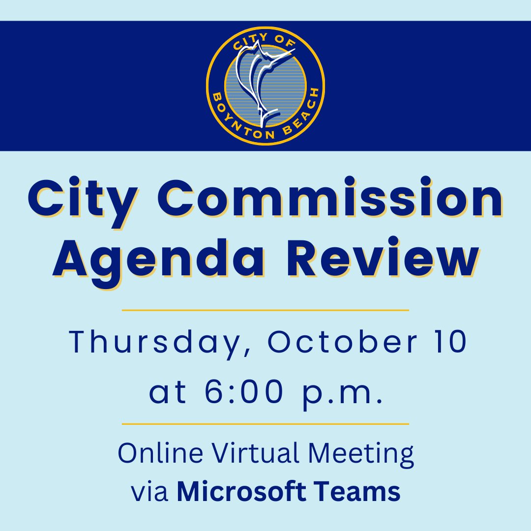 City of Boynton (@cityofboynton) on Twitter photo #REMINDER - The city will host a City Commission Agenda Review Workshop the Thursday before each regularly scheduled City Commission Meeting. 🡻
Thurs., Oct. 10, 2024 | 6 P.M.
▶️WATCH ONLINE: boynton-beach.org/Calendar.aspx?…
Questions?📲 561-742-6061📩CityClerk@bbfl.us. #REMINDER - The city will host a City Commission Agenda Review Workshop the Thursday before each regularly scheduled City Commission Meeting. 🡻
Thurs., Oct. 10, 2024 | 6 P.M.
▶️WATCH ONLINE: boynton-beach.org/Calendar.aspx?…
Questions?📲 561-742-6061📩CityClerk@bbfl.us.