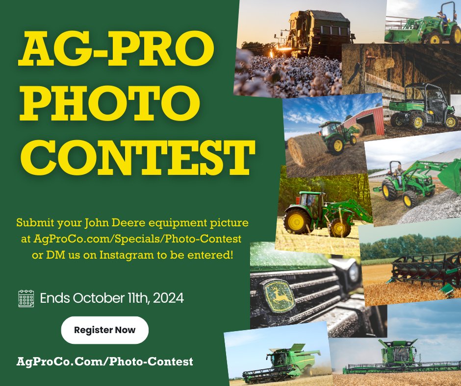 The annual Ag-Pro Calendar Photo Contest is here! Show off your best John Deere photo and enter for a chance to be featured in our calendar! To submit your photo, visit 👉 AgProCo.com/specials/photo… or DM us on Instagram. Remember, all entries must be submitted by October 11th....