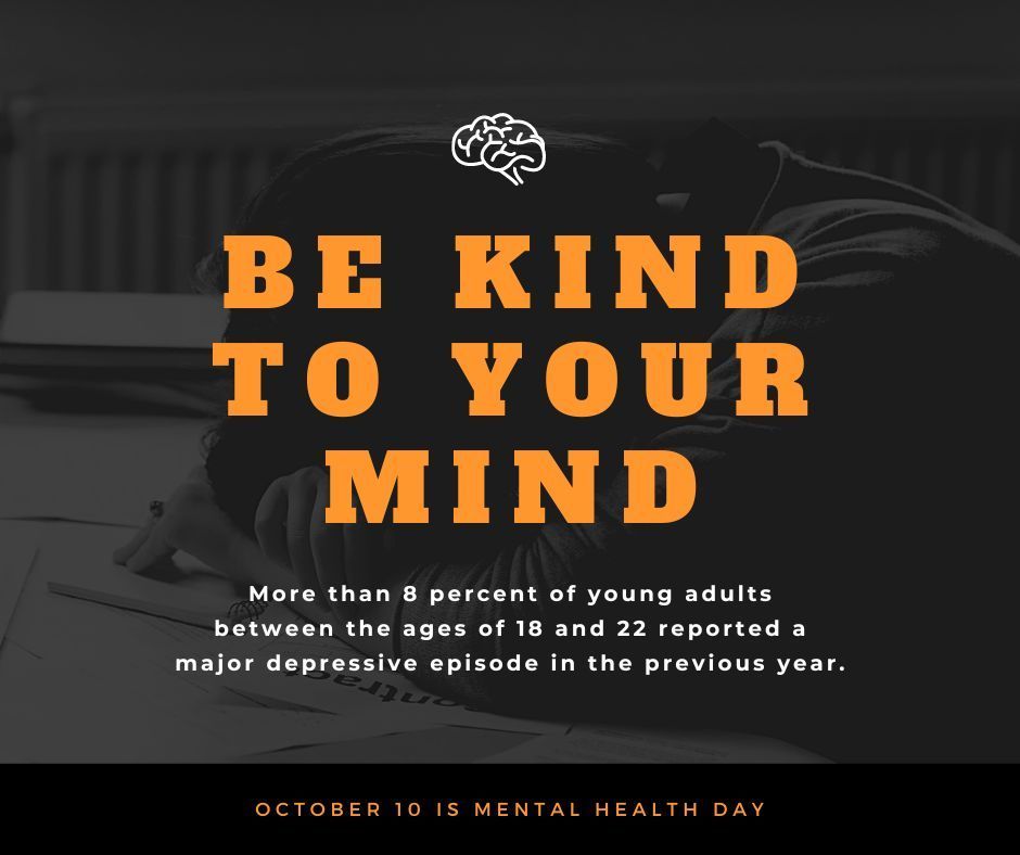 🌍💚 October 10 is World Mental Health Day!

More than 8% of young adults between 18 and 22 reported experiencing a major depressive episode in the past year.

Take a moment today to check in with yourself and others. Be kind to your mind—it matters. 💛

#WorldMentalHealthDay