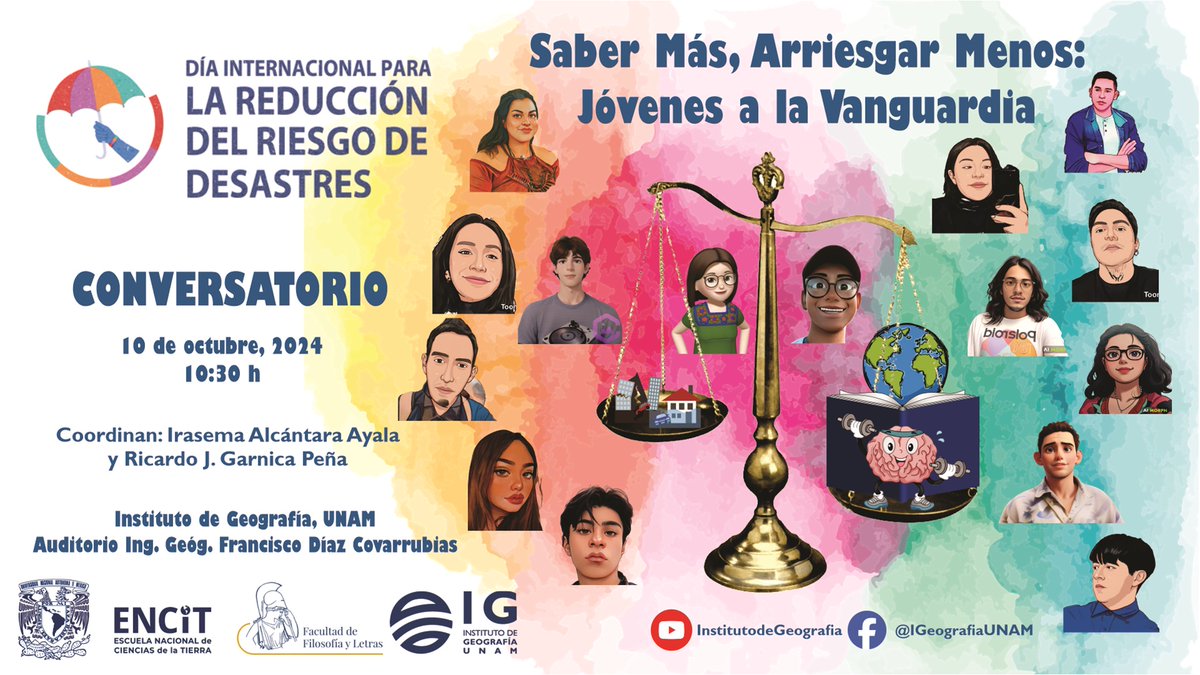 🌎🗣️¡Jóvenes liderando! Únete HOY al conversatorio "Saber más, arriesgar menos", donde estudiantes de geografía compartirán cómo el conocimiento nos ayuda a tomar mejores decisiones. ¡Aprende junto a las nuevas generaciones! 👉youtube.com/c/InstitutodeG…