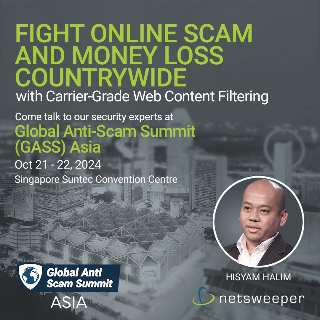netsweeper's tweet image. #GASS is less than two weeks away! Visit with our security expert to learn how to fight online #scams and money loss with carrier-grade #WebFiltering. Learn more: bit.ly/47Ts7sp