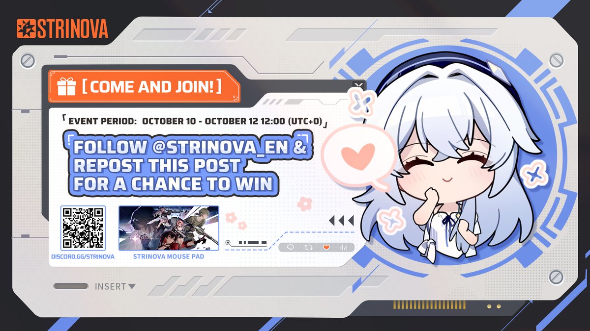 Strinova (@strinova_en) on Twitter photo đăPrize EventăStrinova Closed Beta Test is Back!!!
Join our special prize event for a chance to win "Strinova Mouse Pad"âźď¸
How to Participate:
â
Follow <a href="/Strinova_EN/">Strinova</a>
đRetweet this post
â°Event Duration:
Duration: October 10 - October 12 12:00 (UTC+0)
Draw Date: October 17 đăPrize EventăStrinova Closed Beta Test is Back!!!
Join our special prize event for a chance to win "Strinova Mouse Pad"âźď¸
How to Participate:
â
Follow <a href="/Strinova_EN/">Strinova</a>
đRetweet this post
â°Event Duration:
Duration: October 10 - October 12 12:00 (UTC+0)
Draw Date: October 17