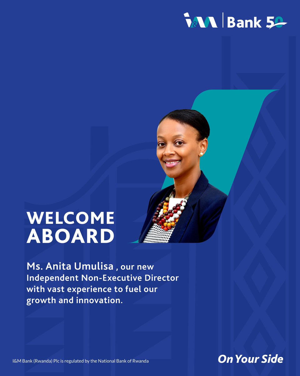 I&M Bank (Rwanda) Plc. (@imbankrw) on Twitter photo We are excited to announce the appointments of Mr. <a href="/rutabana_eric/">Eric Rutabana</a> and <a href="/umulisabush/">Anita Umulisa</a> as our new Independent Non-Executive Directors. Their vast expertise will be invaluable as we pursue new opportunities and continue our journey of growth and innovation.
#IMTheFuture We are excited to announce the appointments of Mr. <a href="/rutabana_eric/">Eric Rutabana</a> and <a href="/umulisabush/">Anita Umulisa</a> as our new Independent Non-Executive Directors. Their vast expertise will be invaluable as we pursue new opportunities and continue our journey of growth and innovation.
#IMTheFuture