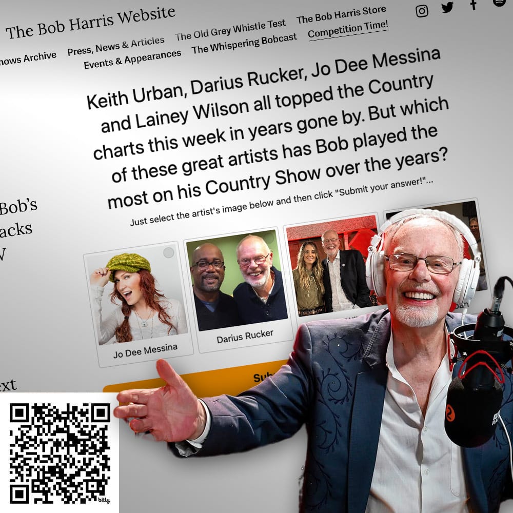 Whispering Bob's Archive (@bharrisarchive) on Twitter photo This week's #quiz is now live: <a href="/KeithUrban/">Keith Urban</a>, <a href="/dariusrucker/">Darius Rucker</a>, <a href="/jodeemessina/">Jo Dee Messina</a> & <a href="/laineywilson/">Lainey Wilson</a> all topped the Country charts this week in years gone by but which of these great artists has <a href="/WhisperingBob/">Bob Harris ๐</a> played the most on his <a href="/BHarrisCountry/">The Country Show with Bob Harris</a> Show?
bobharris.org/competitions This week's #quiz is now live: <a href="/KeithUrban/">Keith Urban</a>, <a href="/dariusrucker/">Darius Rucker</a>, <a href="/jodeemessina/">Jo Dee Messina</a> & <a href="/laineywilson/">Lainey Wilson</a> all topped the Country charts this week in years gone by but which of these great artists has <a href="/WhisperingBob/">Bob Harris ๐</a> played the most on his <a href="/BHarrisCountry/">The Country Show with Bob Harris</a> Show?
bobharris.org/competitions