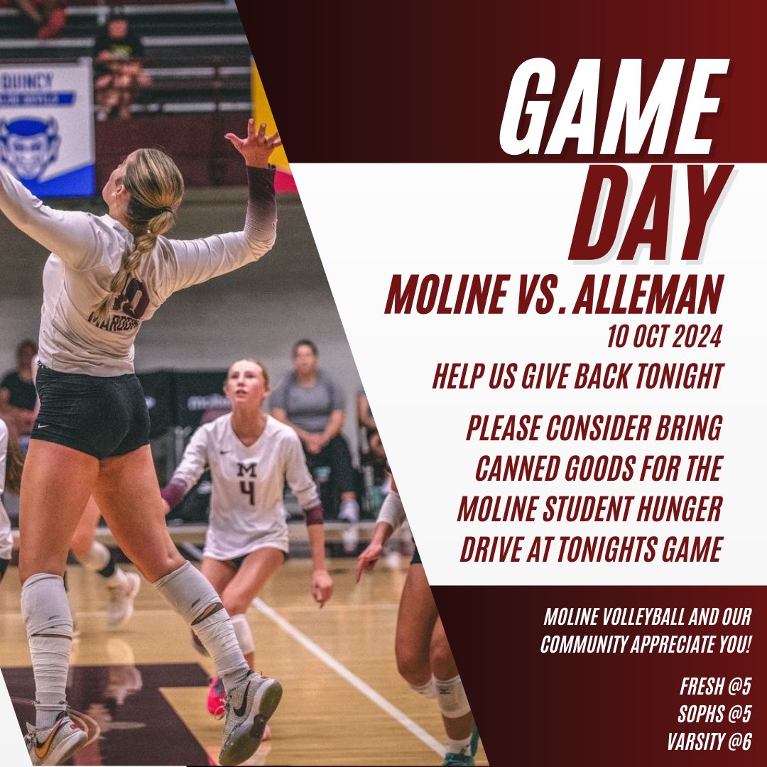 MolineVB's tweet photo. Game day! Donβt forget tonight we are collecting canned goods for our student hunger drive. Thank you in advance for all that donates.
#studenthungerdrive #molinevolleyball #givingback #conferencematch https://t.co/V88ZRjT2zX