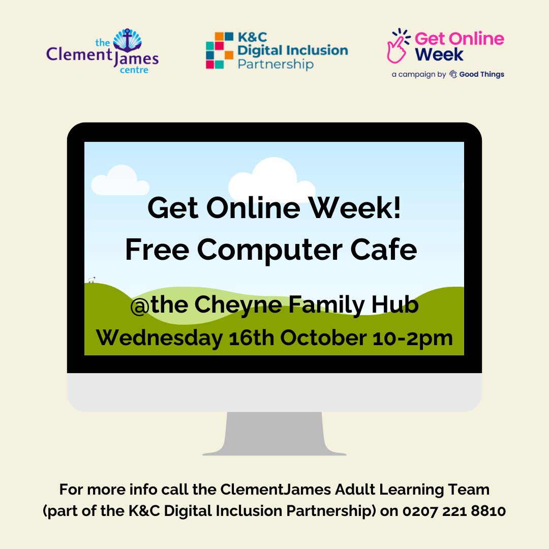 Are you a beginner in the digital world?

We can help:
📧Set you up on email
🖥️Get you a FREE online learning account
📍Find where you can go for regular support &amp; practice

Drop-in for some 1-1 support with the friendly team at the Cheyne Family Hub: 10 Thorndike Rd, SW10 0SD