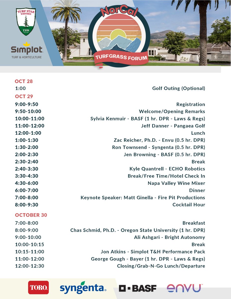 SimplotTurf's tweet image. Attention Northern California Superintendents! We&apos;re excited to announce the second annual NorCal Turfgrass Forum! This is a fantastic opportunity to meet other superintendents, gain DPR credits, &amp;amp; hear from amazing industry speakers.

Register Today👇
ow.ly/nfPF50TFYAy
