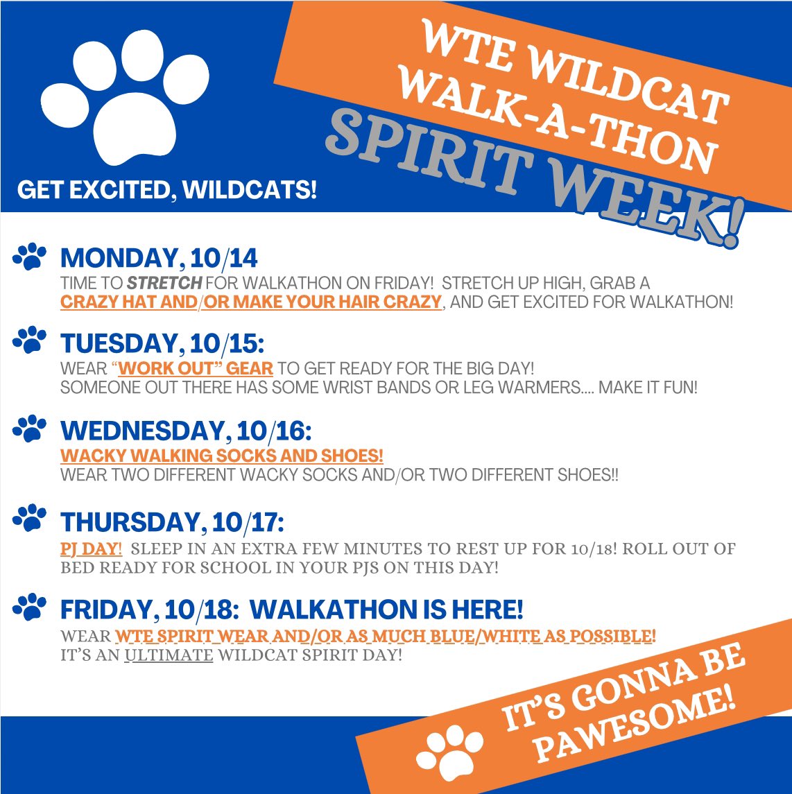 🐾 Walkathon spirit week next week! Starts Monday! Kick off the excitement for our school’s biggest fundraiser!!