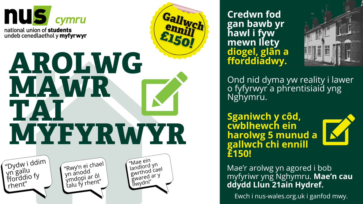 NUSWales's tweet photo. 📢 Fyfyrwyr, eich sylw os gwelwch yn dda! 🏡Oes gennych chi syniadau am eich llety myfyrwyr?
Cymerwch ran yn Arolwg Mawr Tai Myfyrwyr @NUS_Wales a gallech ennill £150! Gall eich mewnbwn ysgogi newid gwirioneddol 🌟

🔗 https://t.co/d1C5A8qFGM https://t.co/XfNf46IGJP