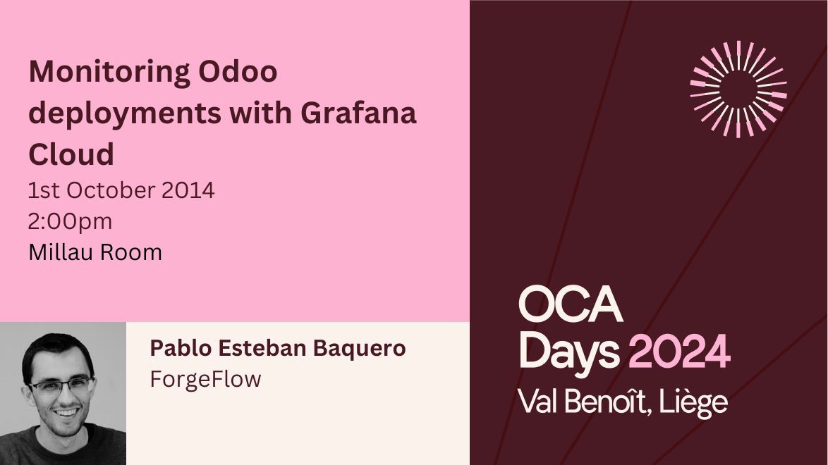 OdooCommunity's tweet image. #OCADays2024 - Talks are being added to YouTube this week!
 
Pablo Esteban Baquero - Monitoring Odoo deployments with Grafana Cloud 
buff.ly/4eVnlgc 

Watch it and subscribe now. hashtag#Odoo hashtag#OCA hashtag#odoocommunityassociation