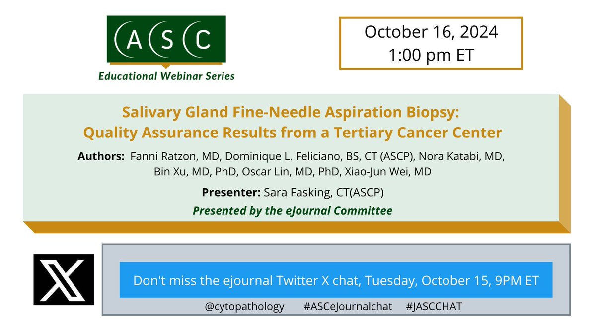 Join us on October 15 &amp; 16, for an engaging and informative eJournal Webinar and Twitter/X chat. Don't miss this opportunity to expand your knowledge, Register now!
Register - buff.ly/47EoaHW 
#cyto #cyotpath