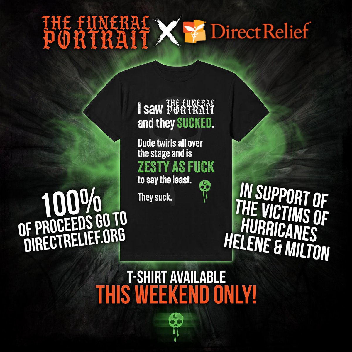 We are offering this special garment, which will see 100% of its proceeds donated to DirectRelief. Org in support of the victims of Hurricane Helene and Milton.

Please help us support mocking funny comments as well as those who need it most.

thefuneralportraitmerch.com/products/zesty…