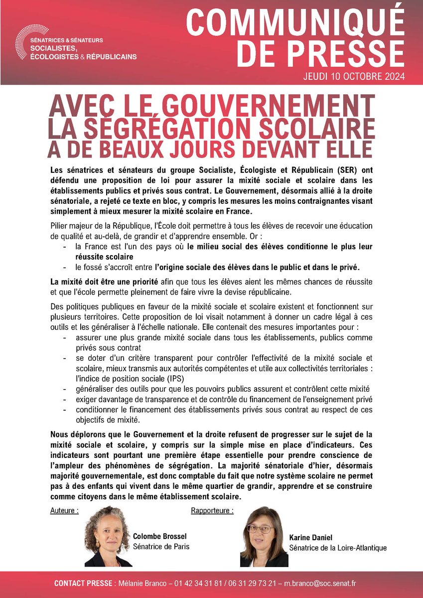 senateursPS's tweet photo. 🔴 Avec le Gouvernement, la ségrégation scolaire a de beaux jours devant elle.

Nous déplorons que le Gouvernement et la droite refusent de progresser sur le sujet de la #mixite sociale et scolaire en rejetant notre proposition de loi. https://t.co/6MtQ4nbq2n
