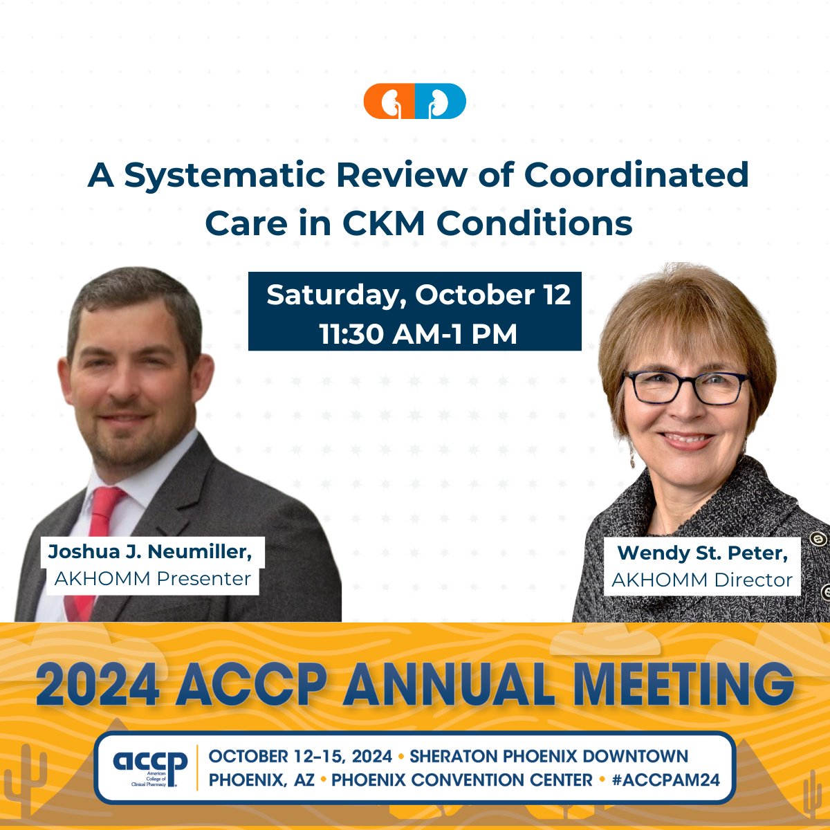 Heading to ACCP? Don’t miss Drs. Josh Neumiller and Wendy St. Peter's presentation, 'A Systematic Review of Coordinated Care in CKM Conditions' on Saturday, Oct 12 from 11:30 AM to 1:00 PM. Learn about the critical role pharmacists play in coordinated kidney care.