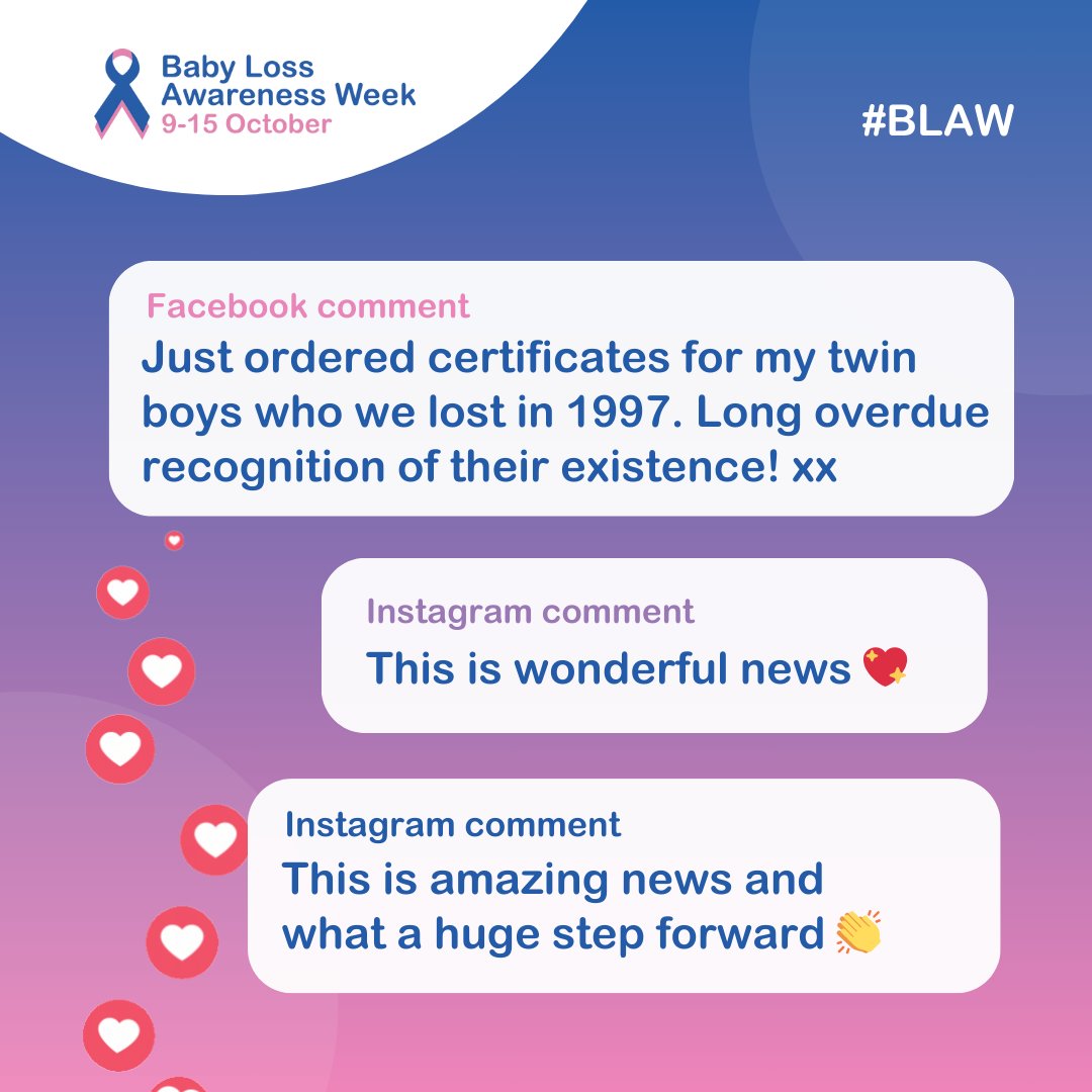 BLA_Campaign's tweet photo. Here are some of the reactions to yesterday's news about baby loss certificates being extended🥰

A huge thanks to all those campaigners, charities, organisations, and members of the pregnancy &amp; baby loss community who have worked so hard to get us to this point💖💙

#BLAW https://t.co/Nu0B67HUDg
