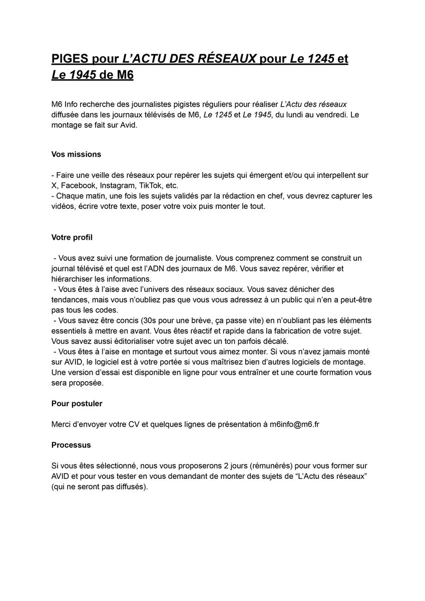 🚨PIGES🚨
Nous cherchons des pigistes réguliers pour fabriquer "L'Actu des réseaux", la fameuse rubrique à la fin des JT de M6.
Si vous avez des questions, n'hésitez pas à me contacter en DM !
Fiche de poste complète ⬇️