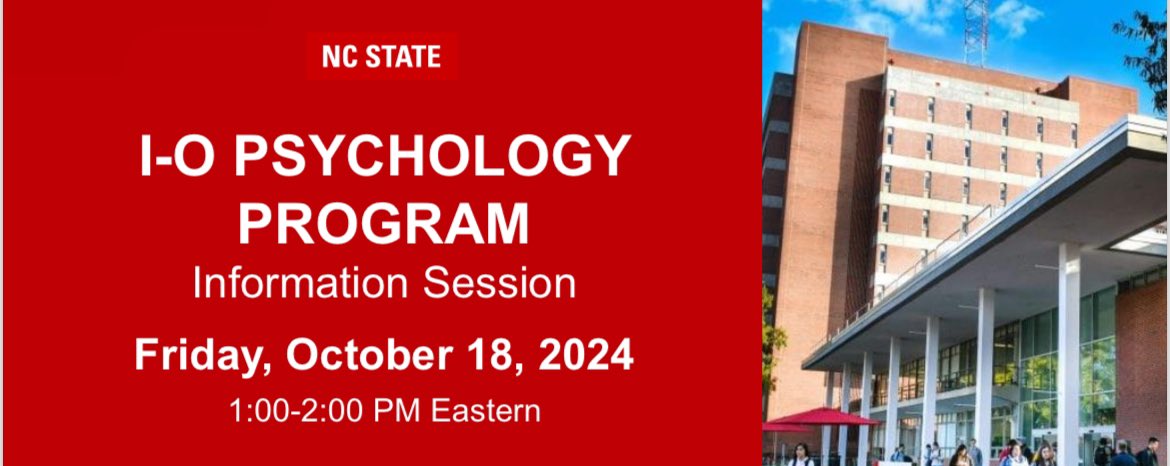 Attention undergraduates interested in I/O Psychology! 

Want to learn more about #IOPsych and what we do here at NC State? Stop by our I/O Information Session from 1-2pm EST on Friday, October 18, to learn more! 

(See reply for Zoom Link)
