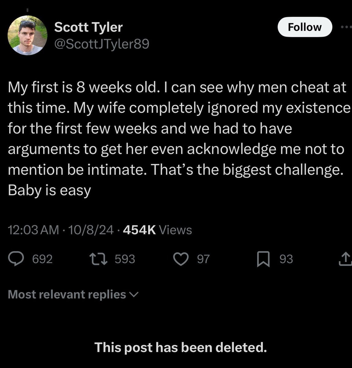 realfemsapien's tweet photo. So, back to this guy.

Listen, most men are not prepared for the first postpartum period experience they have with their wives.

They just don't get it.

Ladies, I will tell you now that if you're going to be a first-time mom, your husband will more than likely disappoint you at the beginning.

It is a very common situation to find yourself in, to the point that books are sold on "How Not to Hate Your Husband After Kids." Some of that sentiment is misandrist for sure, but some of it can be legitimate growing pains women are experiencing.

Let me explain.

An inexperienced father is not a bad man. I do not think they can understand what postpartum is for a woman for a multitude of reasons: they aren't women and our ancestral past did not involve men in the postpartum care of women.

It's a breakdown in our society that puts the care of a postpartum woman directly in the hands of her husband. She should be cared for by OTHER WOMEN. But we don't have access to that today. What saddens me the most is that there are women whose husbands work long hours out of necessity and are incapacitated in a room with their baby, alone postpartum for 12-16 hours a day or more...

A husband does not know the physical pain his wife is in. He can theorize it but will never experience it and, therefore, won't grasp it fully. He also has some distance from the baby by not carrying it himself. A newborn is a potato a man would kill enemies for, but again... to them, it's just a lovable potato. There's not much going on with a newborn outside of them wanting their mom.

The postpartum phase is jarring for most men, and they haven't figured out how to confide in or talk to other men about it for tips or pointers. Hence, this guy posting something publicly that got him so thoroughly berated he deleted his account, which sucks. It sounds like he needs some genuine male mentorship and was expressing sincere frustration.

This is why I think it is so common for couples to separate after the birth of a child. It can be a great insult for a woman to be at her most vulnerable and her husband just doesn't get it.

It's frustrating for the woman in the situation because she's tired, hurting, and bleeding. She's too tired to think straight enough to tell her husband what she needs; most of the time, it's just sleep, food, and a shower. But she can't even say it. She's trapped in her body. That's the level of exhaustion we're talking about here.

We need to give men more grace for their first child. Most men seem to get it by the second kid and are much more prepared. While a woman is becoming a mother for the first time, he is becoming a father for the first time. There is a learning curve.

As for the sex thing, listen, men have 17-75x the testosterone women do. Testosterone is responsible for sexual impulsivity. The younger he is, the more he'll want it. So, don't be surprised if he's asking for some at an inopportune time. You can politely decline without ripping his head off.

I don't think he was being inconsiderate moreso than being a young, horny new dad. Which, is kind of cute if you think about it, haha. He still has the hots for his wife even after she JUST had a baby. Inconvenient for her, but it can be perceived positively if you take another perspective.

Bottomline: Men and women need more mentorship as new parents.