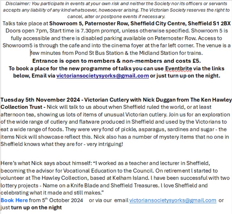 🍴Our November Talk at the Showroom is by Nick Duggan of The Hawley Collection looking at their collection of Sheffield cutlery, from the Victorian era. 5th November, doors open 7pm talk at 7.30-When Sheffield ruled  the🌍of afternoon tea
<a href="/thevicsoc/">The Victorian Society</a> <a href="/KelhamIsland/">Kelham Island Museum</a> <a href="/VisitSheffield/">Welcome to Sheffield</a>