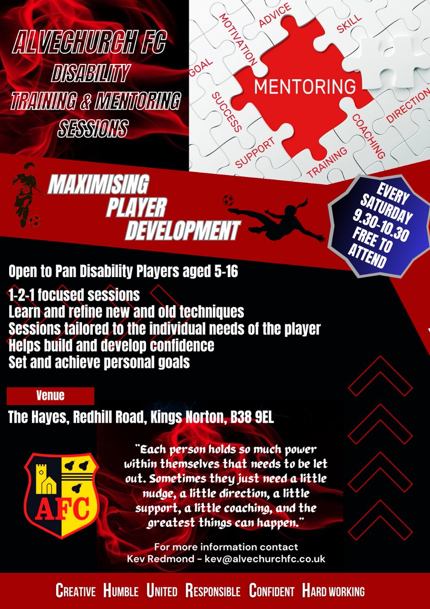 Alvechurch FC Ability Counts (@afcdisability) on Twitter photo Theres some amazing Disability programmes now being run by <a href="/Alvechurch1st/">Alvechurch FC</a> at <a href="/the_hayes_/">The Hayes Sports Partnership, Cafe & Bar</a> King Norton. Open to all ages, theres something for everyone to get involved in.
Contact Disability Head Coach Kev Redmond (kev@alvechurchfc.co.uk) for more information Theres some amazing Disability programmes now being run by <a href="/Alvechurch1st/">Alvechurch FC</a> at <a href="/the_hayes_/">The Hayes Sports Partnership, Cafe & Bar</a> King Norton. Open to all ages, theres something for everyone to get involved in.
Contact Disability Head Coach Kev Redmond (kev@alvechurchfc.co.uk) for more information