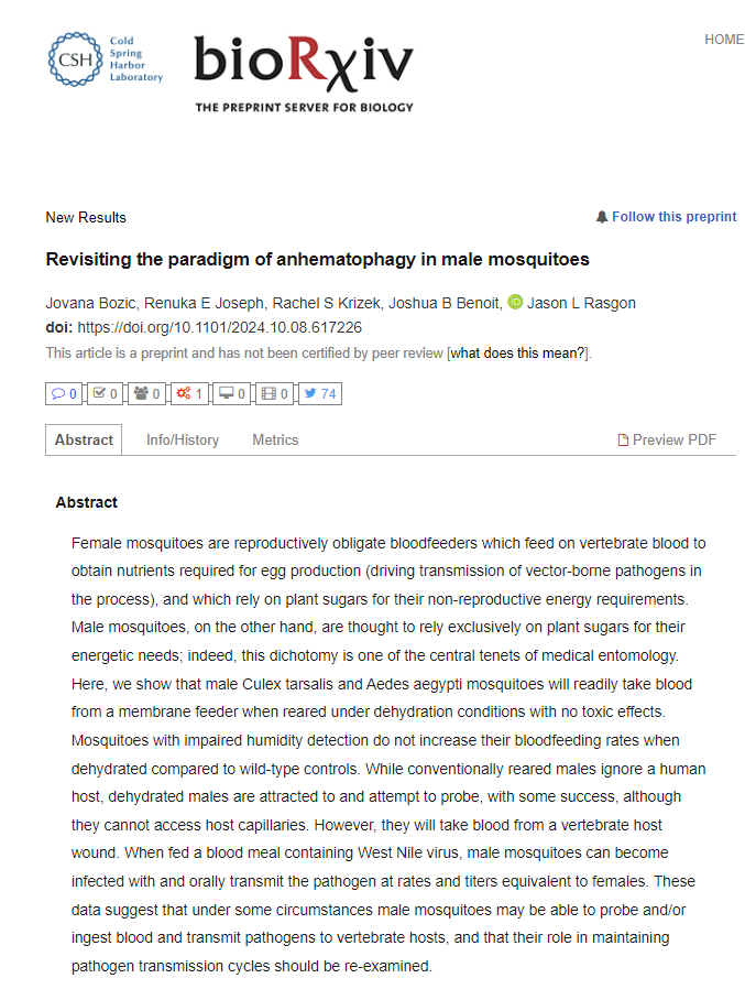 🌍🦟Recent findings challenge the belief that male mosquitoes only feed on plant sugars. A study on Culex tarsalis and Aedes aegypti shows that, when dehydrated, males can consume blood and even transmit the West Nile virus like females.🔗 Read more: biorxiv.org/content/10.110…