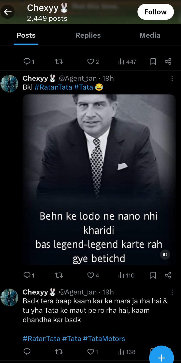singhsanusays's tweet photo. @aaadhyatmik @Mumbaikhabar9 @rushikesh_agre_ @TataCompanies @MumbaiPolice @Mum_CyberPolice Do take strict action against d account in screenshot for cursing the legendary philanthropist Tata Sir. @randomsena @HinduITCell @DeepikaBhardwaj @erbmjha @Warlock_Shabby @GemsOf_Politics #BharatRatna https://t.co/WbFtoHqHu9