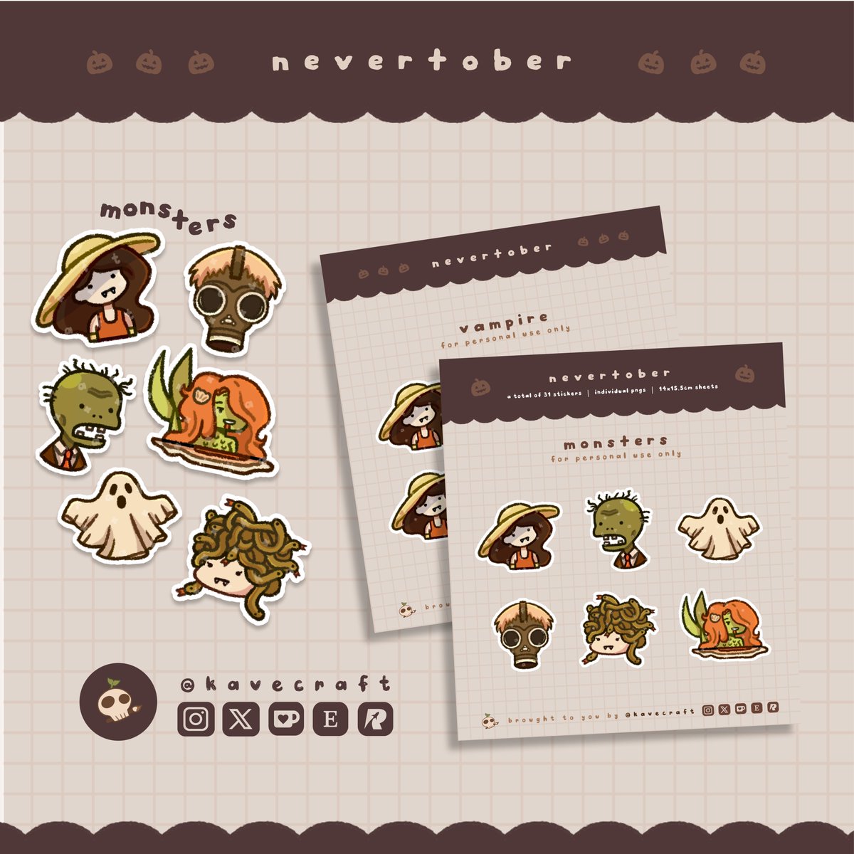 kavecrafts's tweet photo. π§ boo! did our stickers scare you? π§
for days 20-25 of #Nevertober2024, we have our takes on the iconic monsters of the century!
available now on our Etsy, Raket, and Ko-Fi! link in bio π± #nevertober #kavecraft #artshop #stickers #horror https://t.co/JOp8xPCPxf