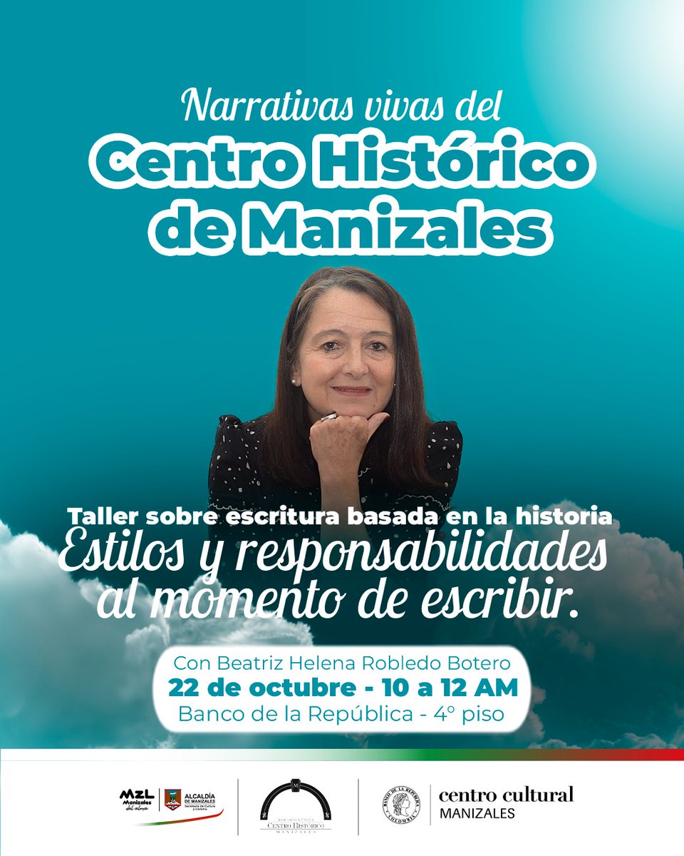 No olvideN asistir al taller con la escritora manizaleña Beatriz Helena Robledo Botero, profesora y autora de textos con enfoque juveniles ✍ 

📅  La nueva fecha del Taller es el 22 de Octubre 2024.

#EnElCentroTodoSePuede
@centrohistoricomanizales instagram.com/p/DA8kp6vO4AQ/…
