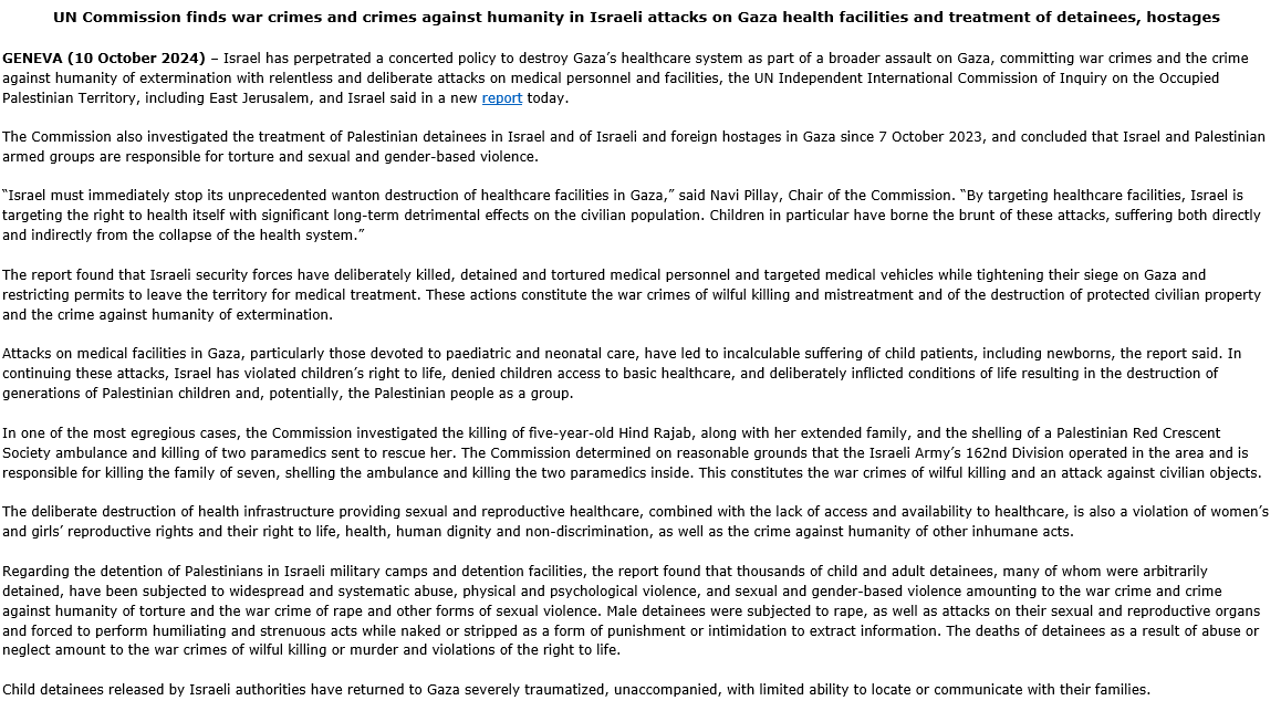 🔴#Israel ha perpetrado una política concertada para destruir el sistema sanitario de #Gaza , cometiendo crímenes de guerra y el crimen contra la humanidad de exterminio, concluye investigación de una Misión establecida por <a href="/UN_HRC/">UN Human Rights Council 📌 #HRC59</a>