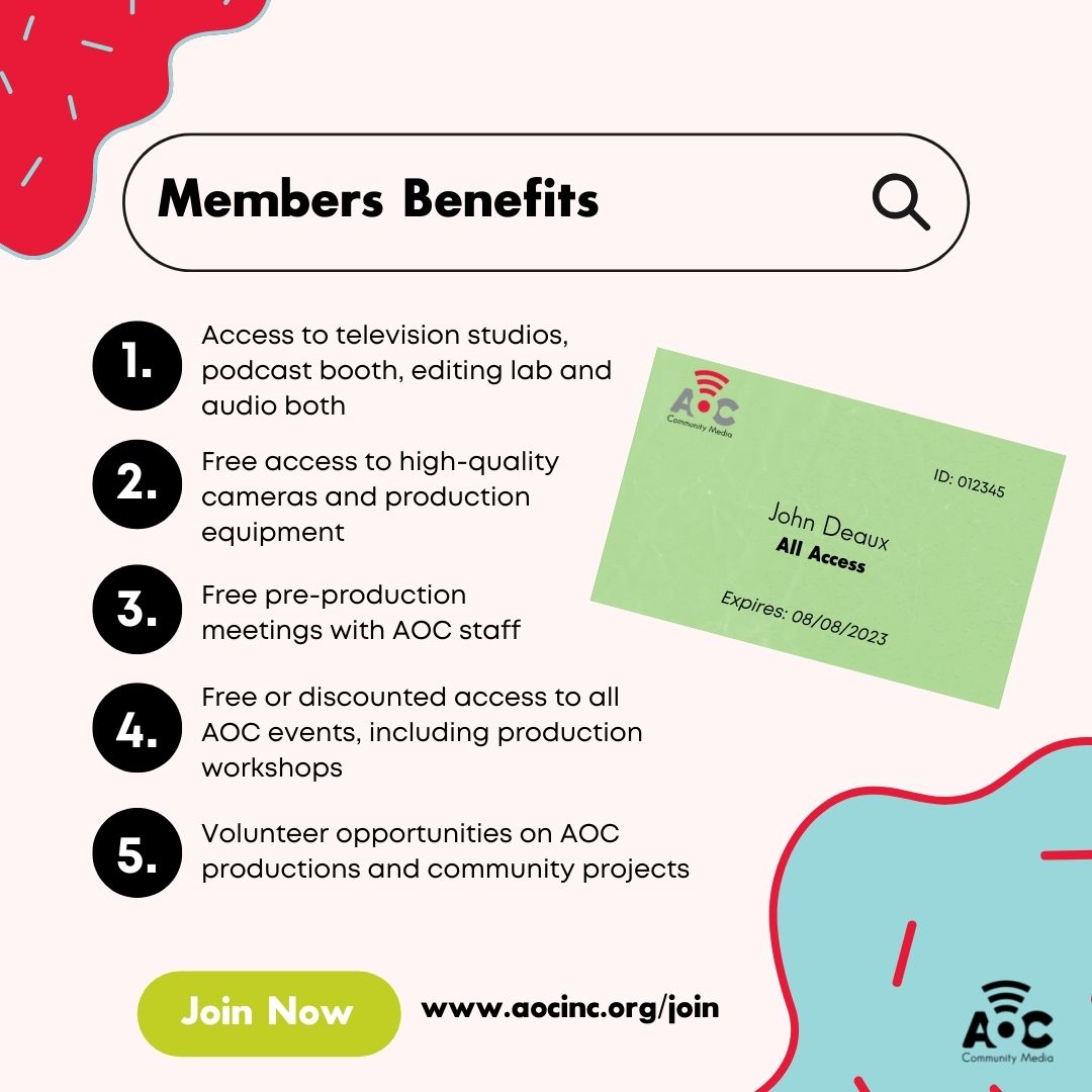 aocinlft's tweet image. Join a vibrant community of creators at AOC! 🎥🎙️ Get free access to top-notch studios, gear, workshops, and more. Be part of something bigger and be the media change we need! #CreateWithAOC

Join or renew today - aocinc.org/join-or-renew