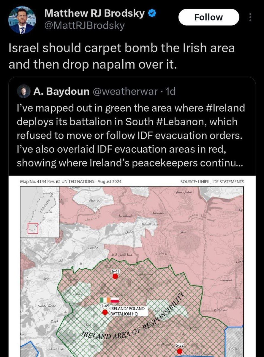 “Israel should carpet bomb the Irish area and then drop napalm over it.”
Matthew RJ Brodsky
“advised the White House's Palestinian-Israeli peace team on political aspects of the peace process”